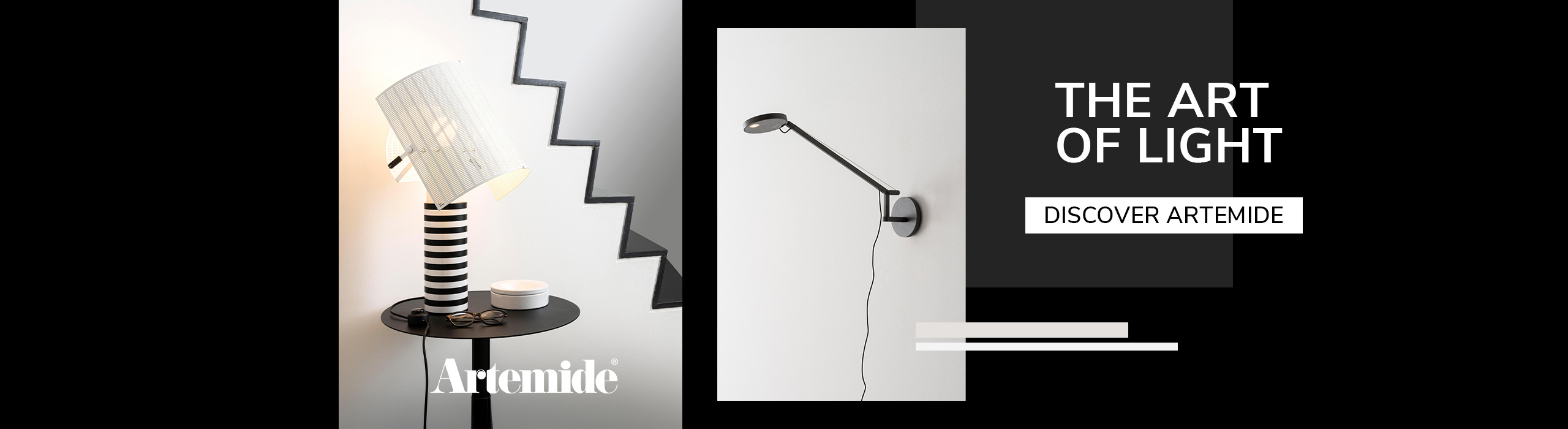 Contemporary Artemide lamps including a striped table lamp and a slim wall-mounted light, highlighting modern artistic lighting design.