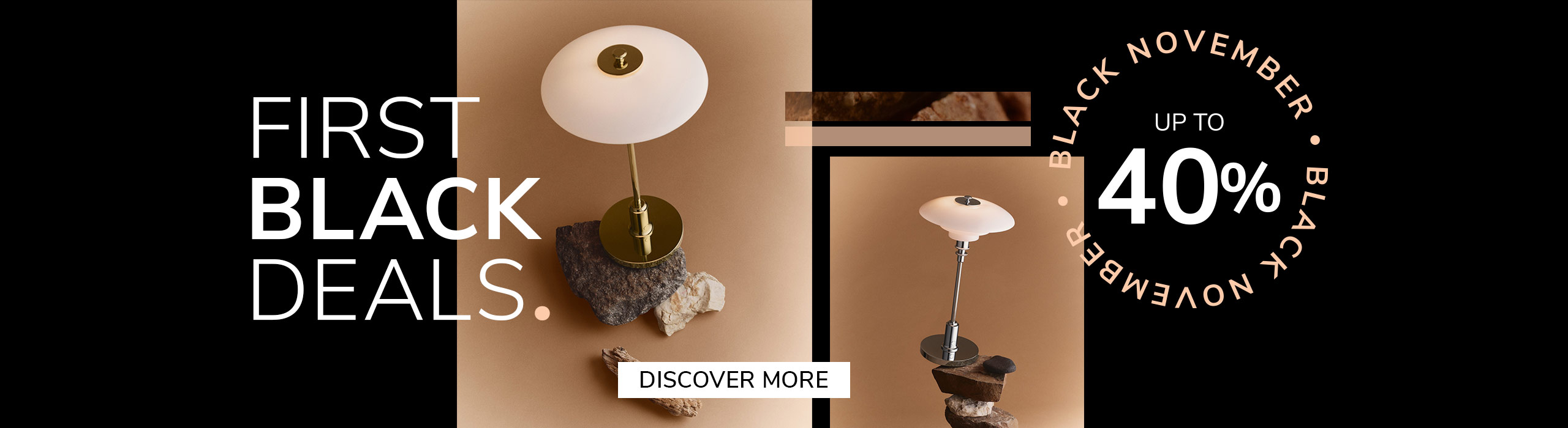Elegant designer table lamp on natural stone base with gold stem and white shade, promoting Black November sale – up to 40% off with text ‘First Black Deals’ and ‘Discover More’ button.